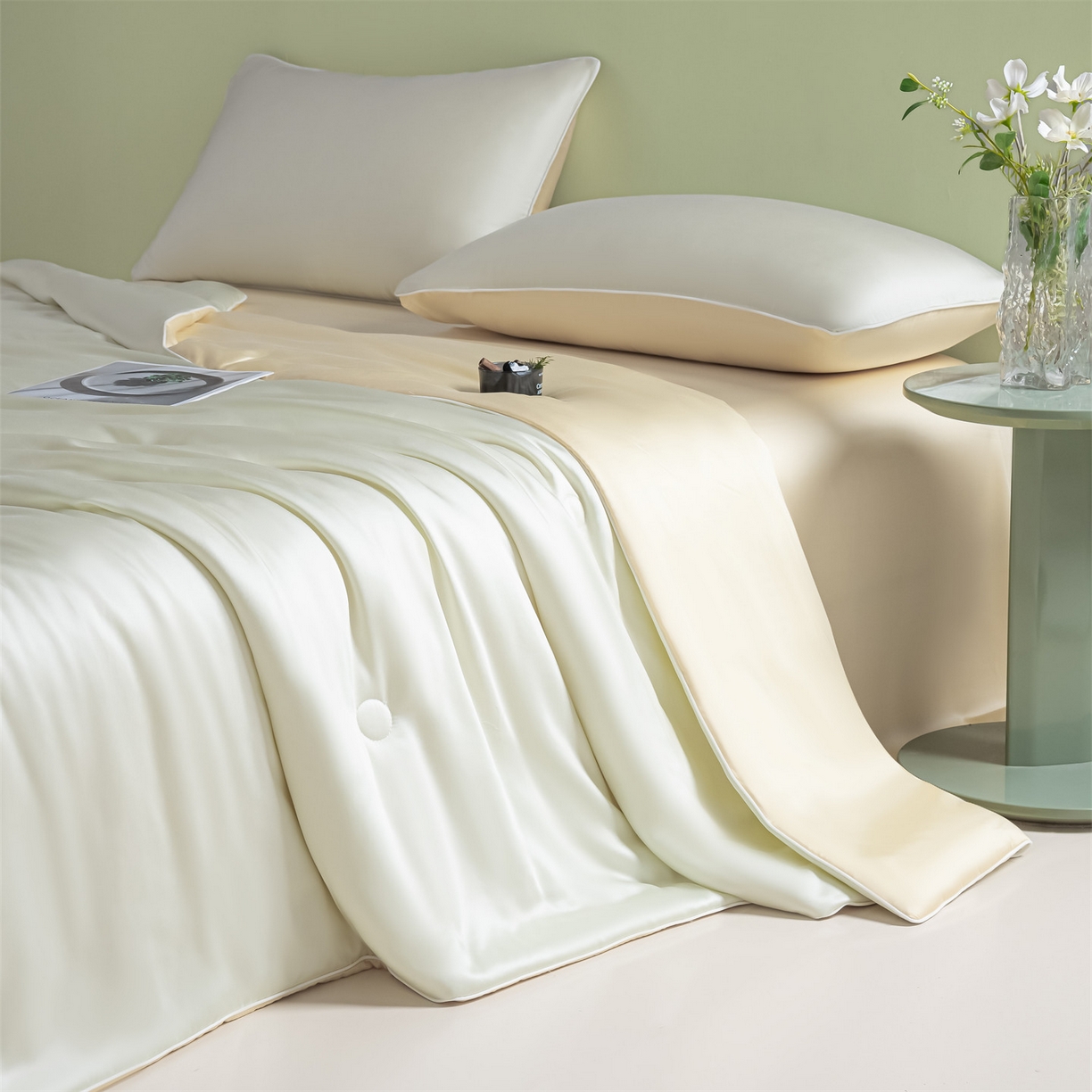 91家纺网 家纺一手货源 找家纺 美澳家纺 2026春夏新款凉感水洗冰丝真丝双拼夏被夏凉被四件套 双拼-优雅米+奶黄