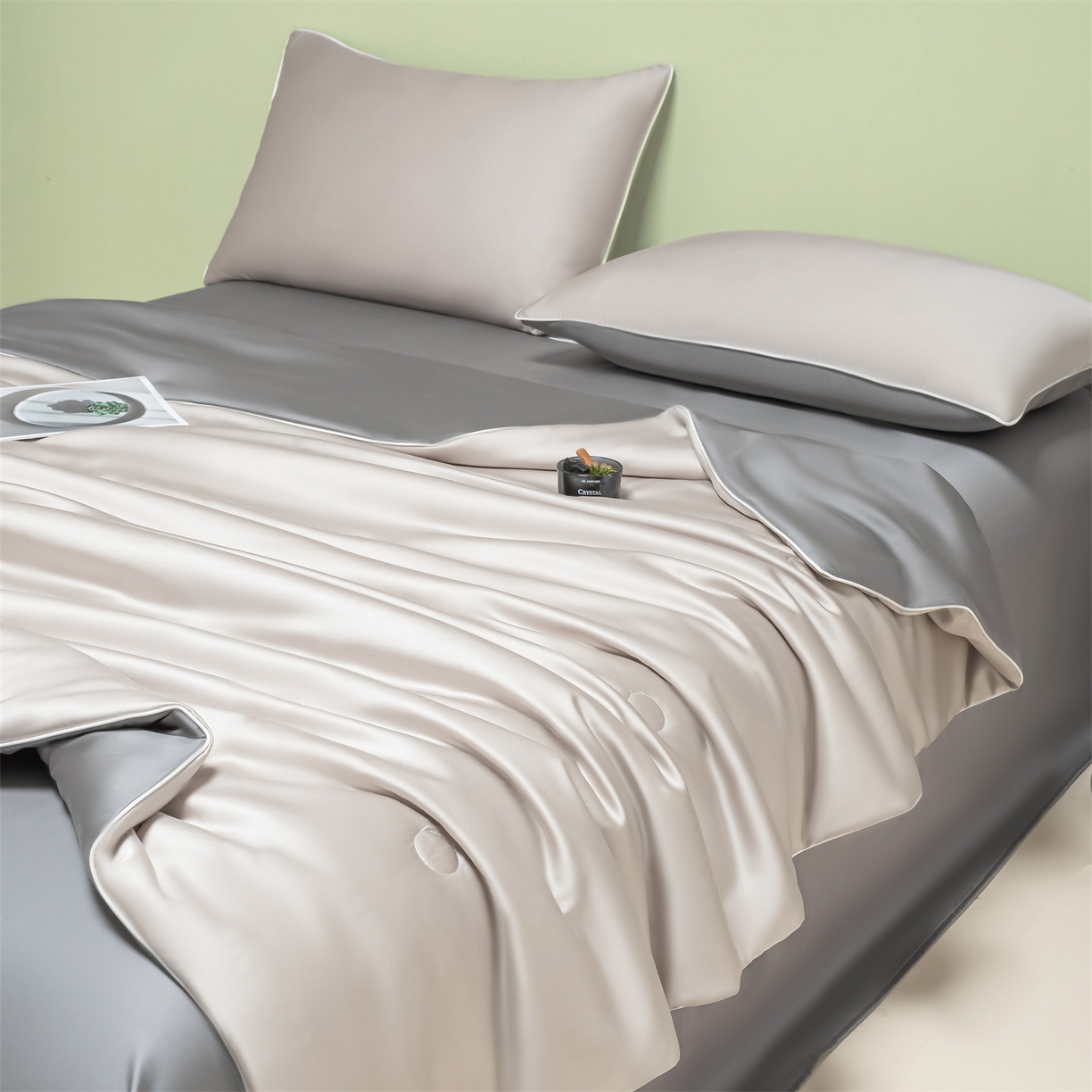 91家纺网 家纺一手货源 找家纺 美澳家纺 2026春夏新款凉感水洗冰丝真丝双拼夏被夏凉被四件套 双拼-椰子灰+经典灰