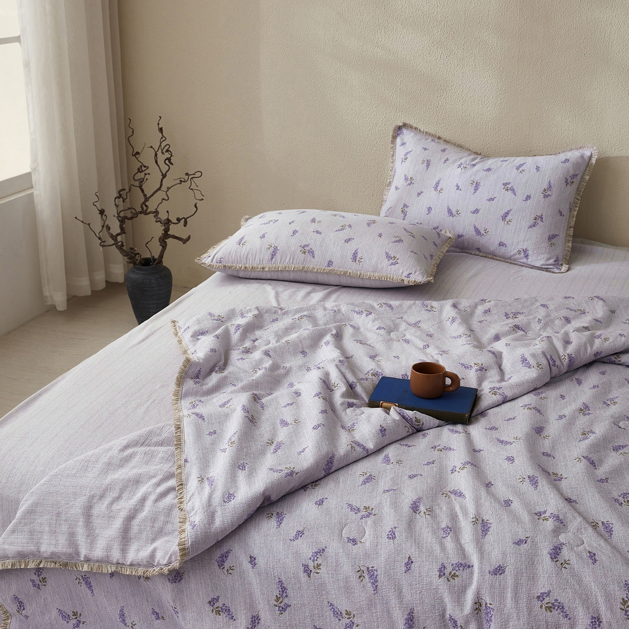 91家纺网 家纺一手货源 找家纺 网客家纺 2026新款提花色织麻夏被四件套 薰衣草紫