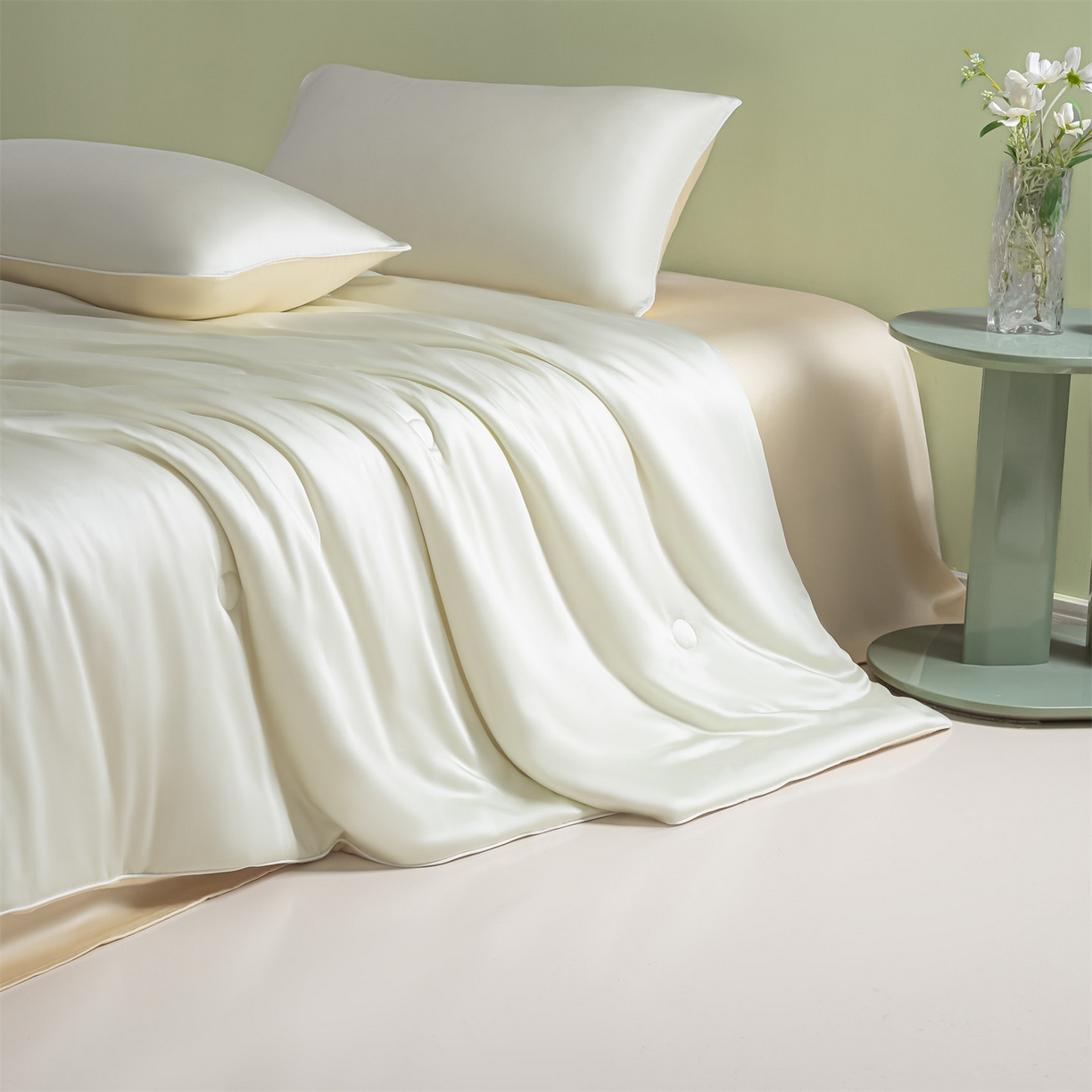 91家纺网 家纺一手货源 找家纺 美澳家纺 2026春夏新款凉感水洗冰丝真丝双拼夏被夏凉被四件套 双拼-优雅米+奶黄