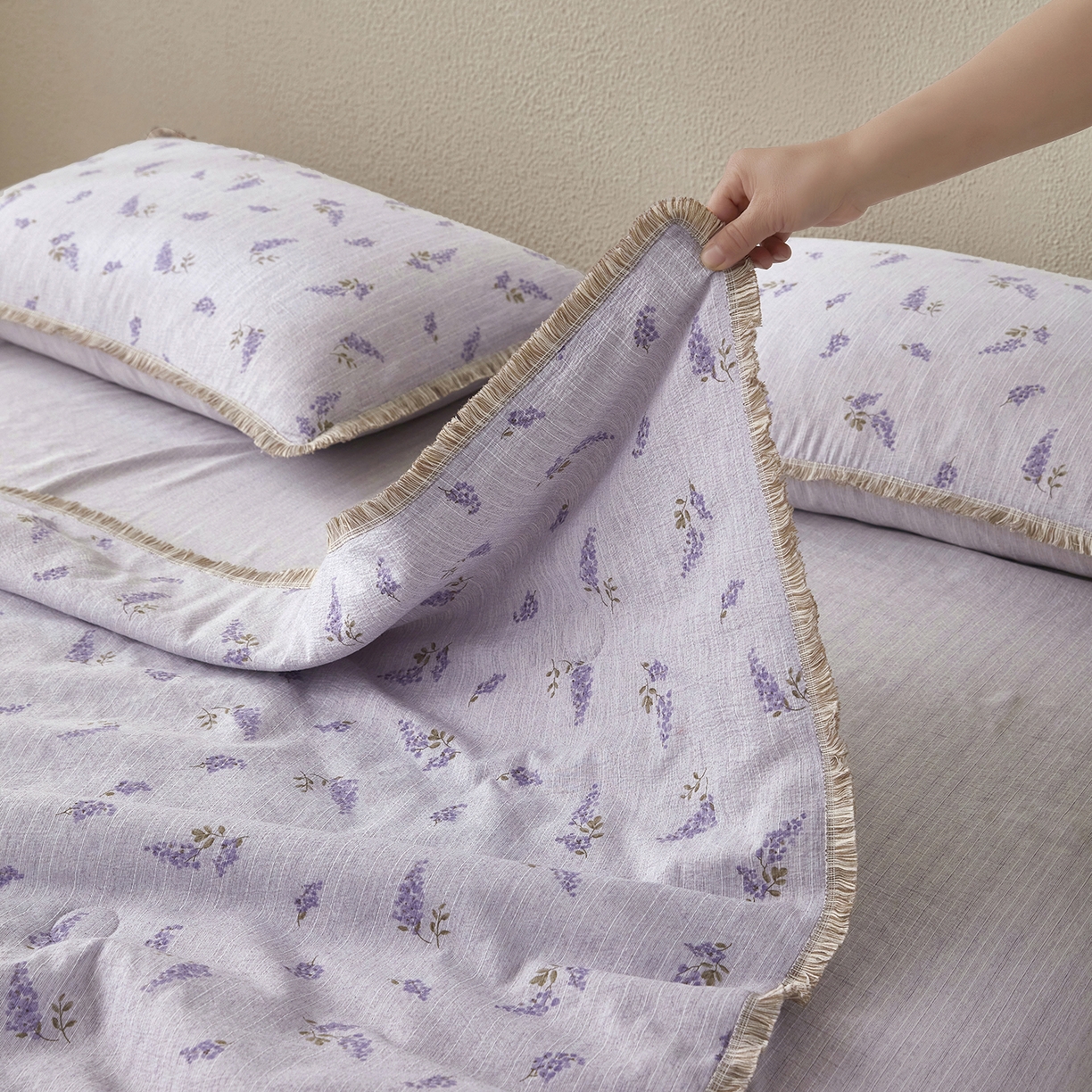91家纺网 家纺一手货源 找家纺 网客家纺 2026新款提花色织麻夏被四件套 薰衣草紫