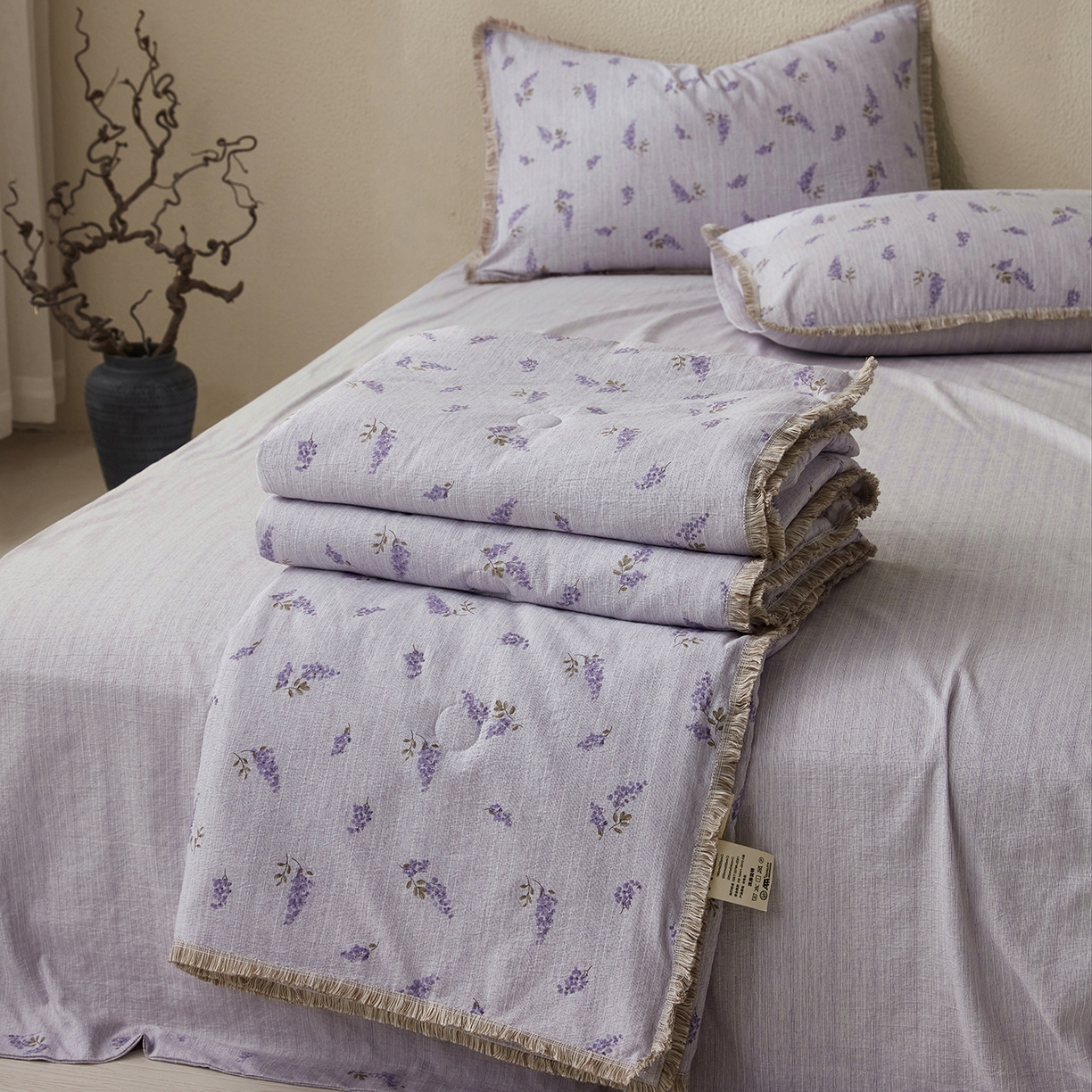 91家纺网 家纺一手货源 找家纺 网客家纺 2026新款提花色织麻夏被四件套 薰衣草紫