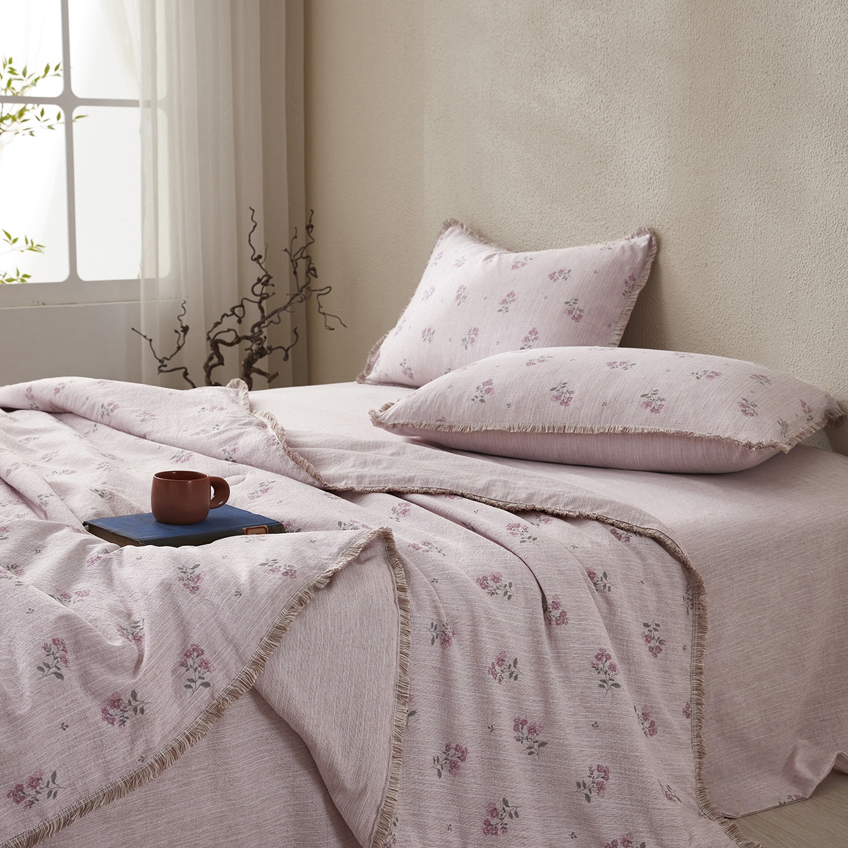 91家纺网 家纺一手货源 找家纺 网客家纺 2026新款提花色织麻夏被四件套 云溪紫