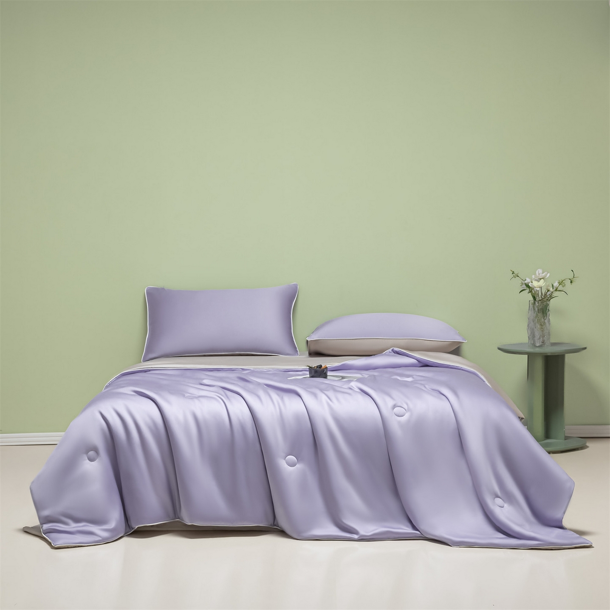 91家纺网 家纺一手货源 找家纺 美澳家纺 2026春夏新款凉感水洗冰丝真丝双拼夏被夏凉被四件套 双拼-风信紫+香草灰