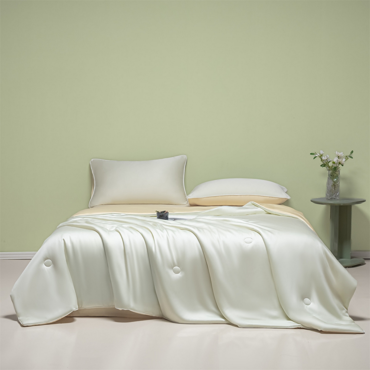 91家纺网 家纺一手货源 找家纺 美澳家纺 2026春夏新款凉感水洗冰丝真丝双拼夏被夏凉被四件套 双拼-优雅米+奶黄