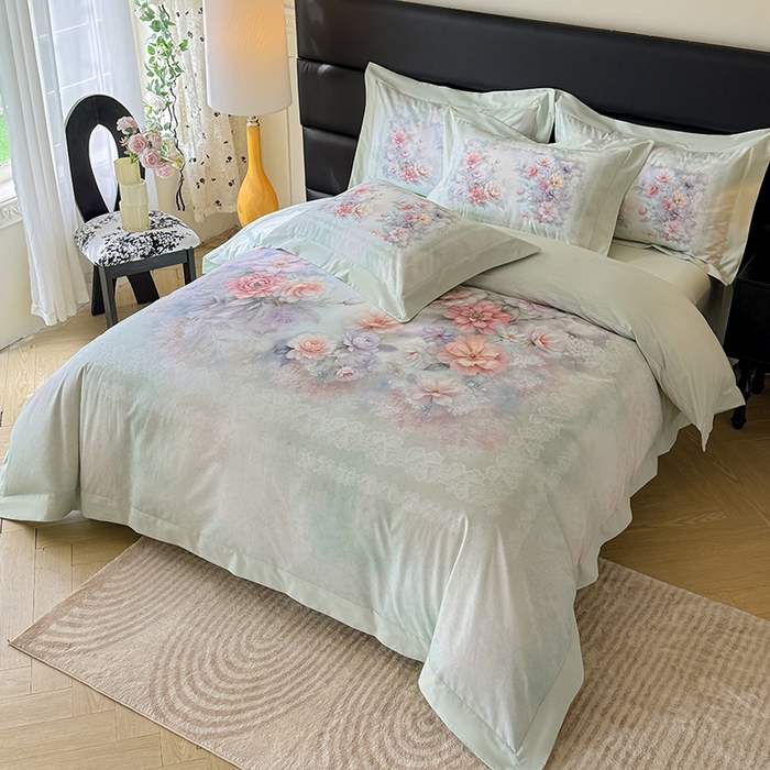 91家纺网 家纺一手货源 找家纺 巧玲珑 2026新款全棉拼角数码印花四件套 花颜悦色-绿