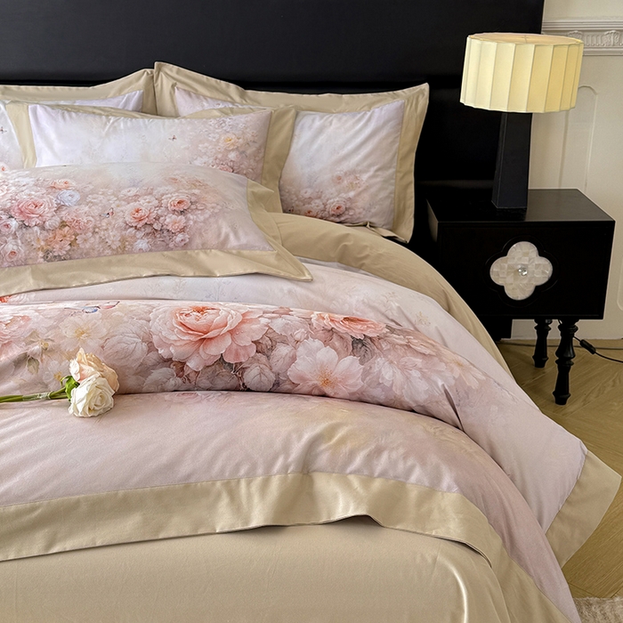 91家纺网 家纺一手货源 找家纺 巧玲珑 2026新款全棉拼角数码印花四件套 莫奈花园-咖