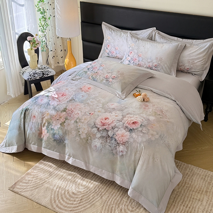 91家纺网 家纺一手货源 找家纺 巧玲珑 2026新款全棉拼角数码印花四件套 莫奈花园-绿