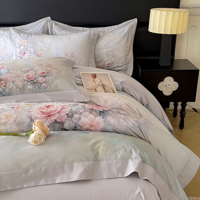 91家纺网 家纺一手货源 找家纺 巧玲珑 2026新款全棉拼角数码印花四件套 莫奈花园-绿