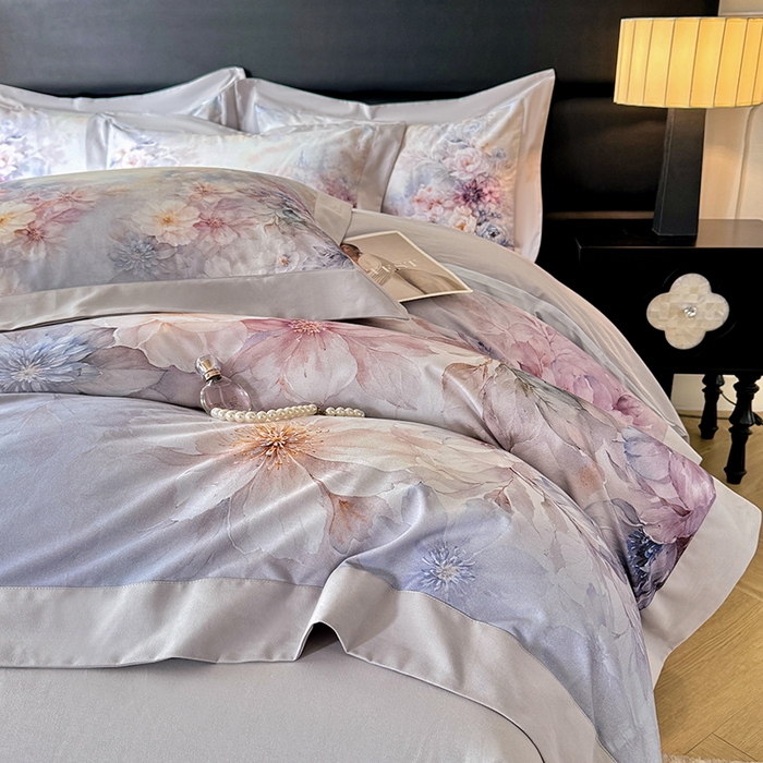 91家纺网 家纺一手货源 找家纺 巧玲珑 2026新款全棉拼角数码印花四件套 凝光花蕊-蓝