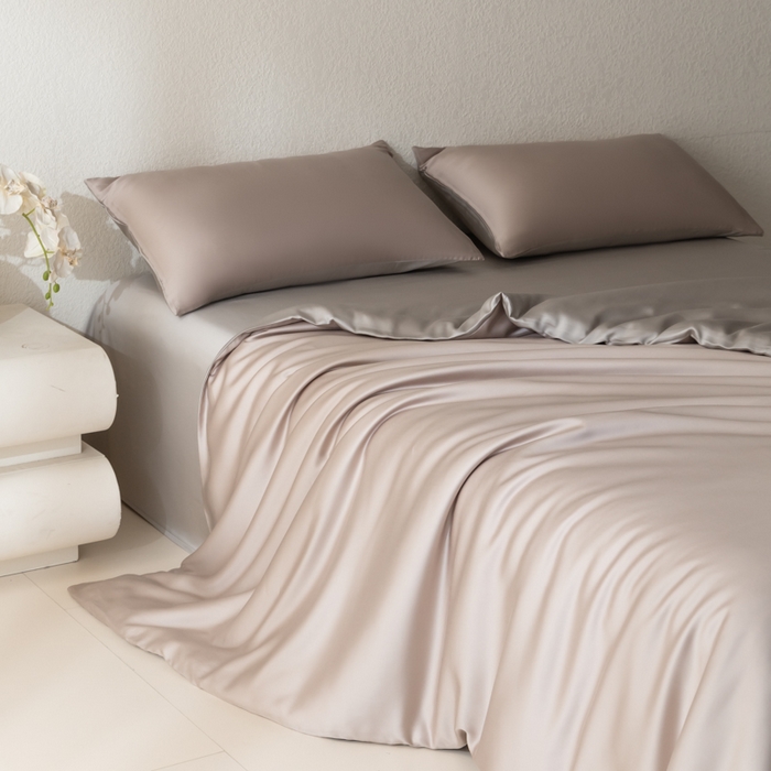 91家纺网 家纺一手货源 找家纺 禾时 2026新款60支奥地利兰精双拼纯色天丝四件套 夜影凝香-霜华银