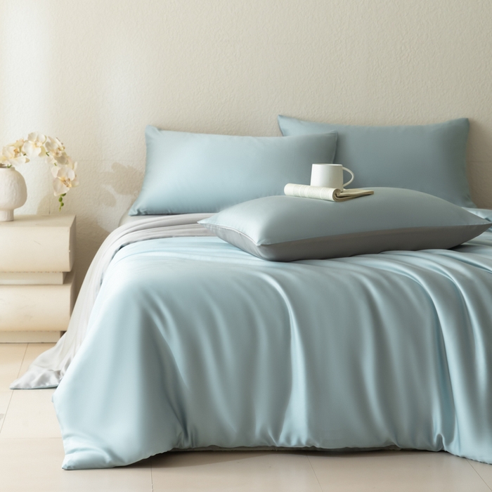 禾时 2026新款60支奥地利兰精双拼纯色天丝四件套 映霜兰-霜华银