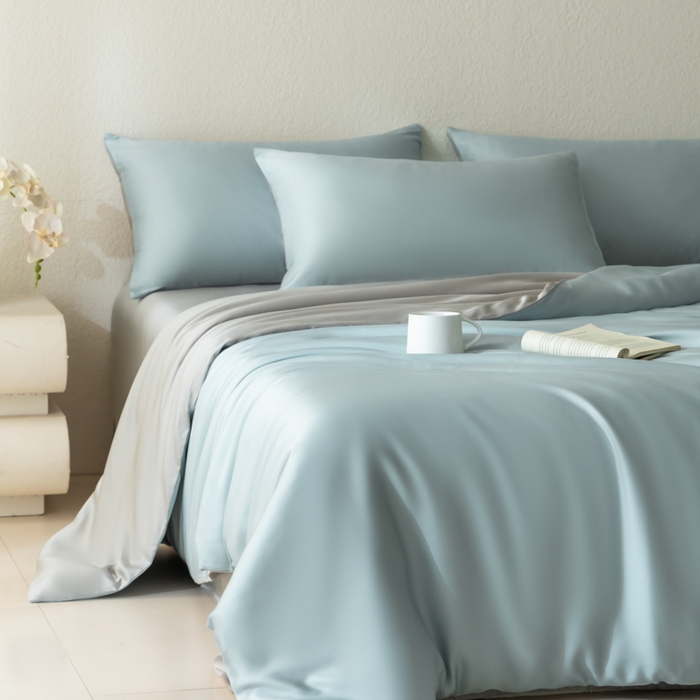 91家纺网 家纺一手货源 找家纺 禾时 2026新款60支奥地利兰精双拼纯色天丝四件套 映霜兰-霜华银