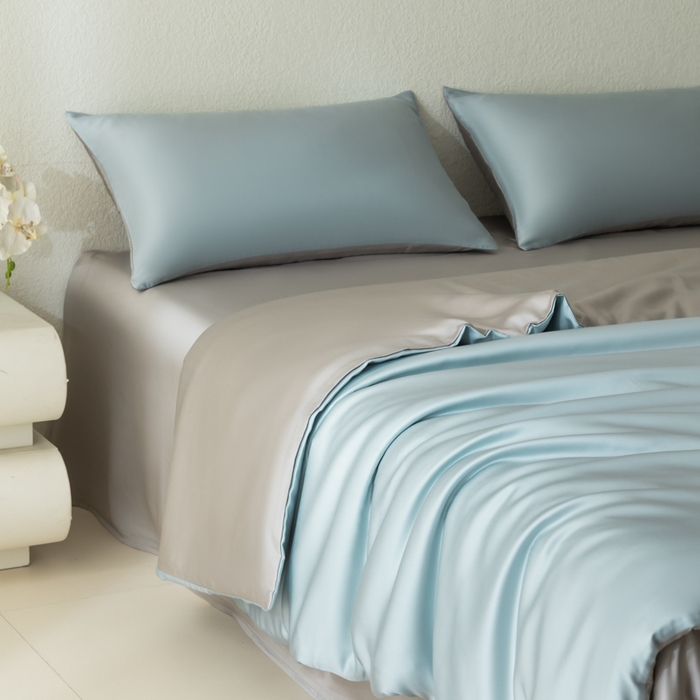 91家纺网 家纺一手货源 找家纺 禾时 2026新款60支奥地利兰精双拼纯色天丝四件套 映霜兰-霜华银