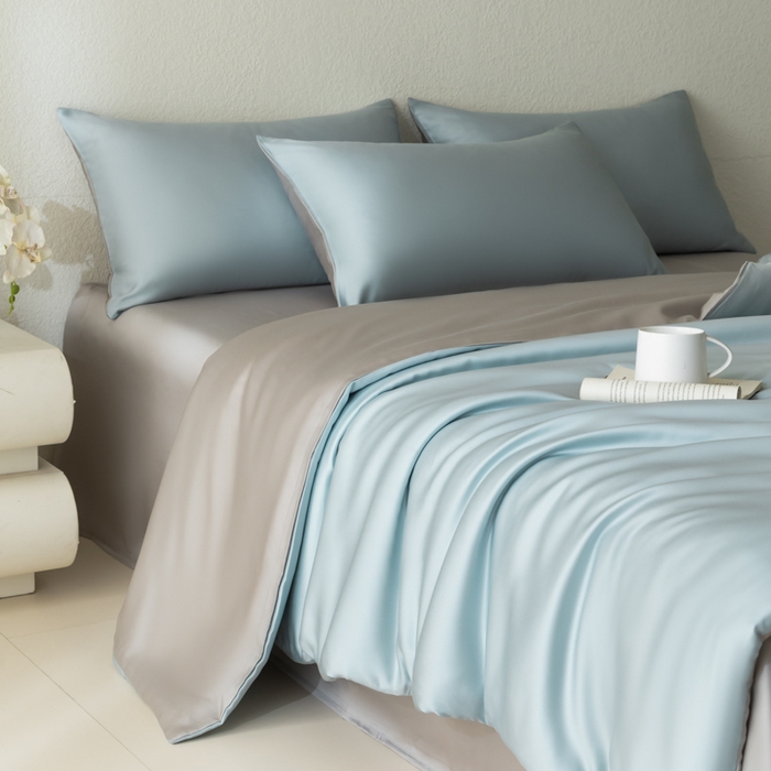 91家纺网 家纺一手货源 找家纺 禾时 2026新款60支奥地利兰精双拼纯色天丝四件套 映霜兰-霜华银