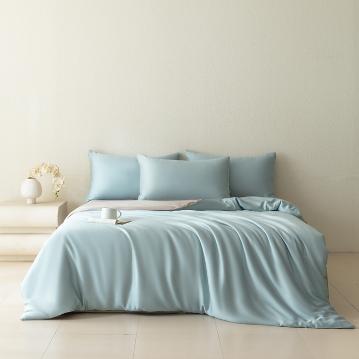 91家纺网 家纺一手货源 找家纺 禾时 2026新款60支奥地利兰精双拼纯色天丝四件套 映霜兰-霜华银