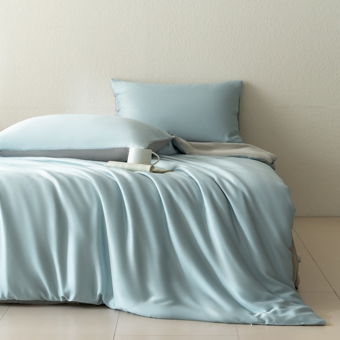 91家纺网 家纺一手货源 找家纺 禾时 2026新款60支奥地利兰精双拼纯色天丝四件套 映霜兰-霜华银