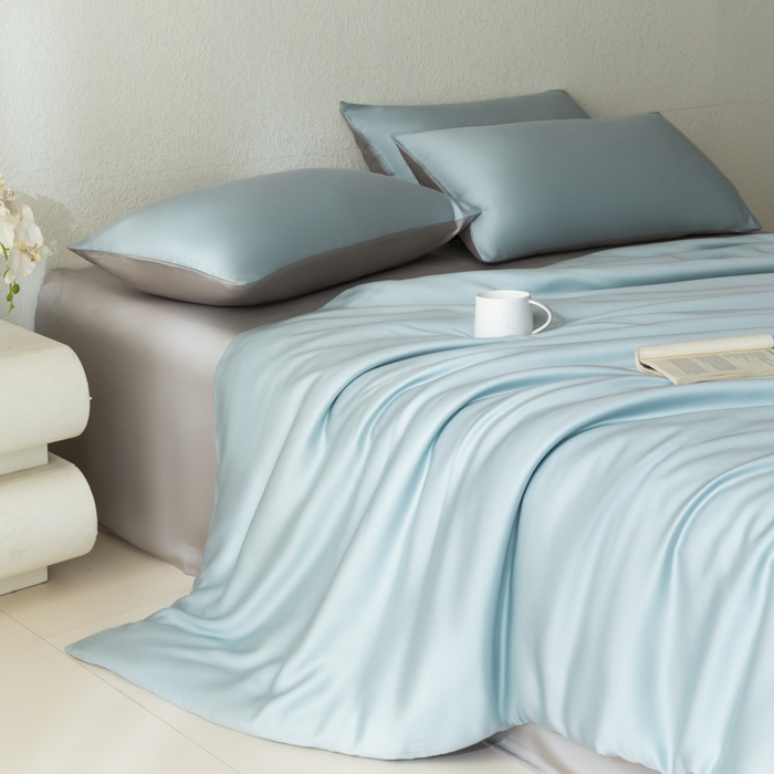 91家纺网 家纺一手货源 找家纺 禾时 2026新款60支奥地利兰精双拼纯色天丝四件套 映霜兰-霜华银