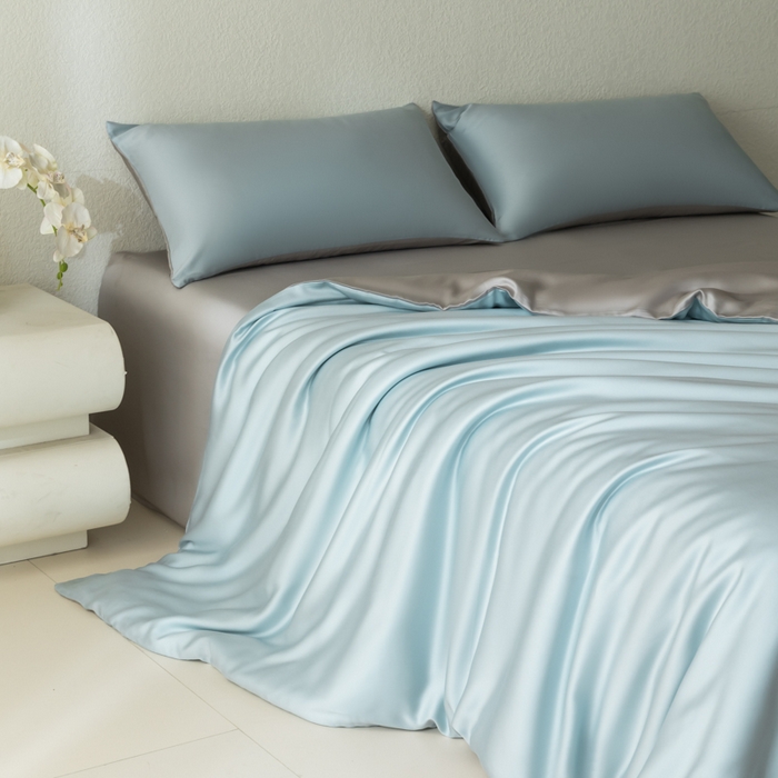 91家纺网 家纺一手货源 找家纺 禾时 2026新款60支奥地利兰精双拼纯色天丝四件套 映霜兰-霜华银