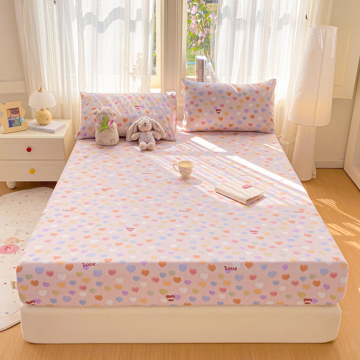 91家纺网 家纺一手货源 找家纺 眠势力 2026新款双层纱床笠单件云感皱皱纱床罩三件套床垫保护套 彩色心情