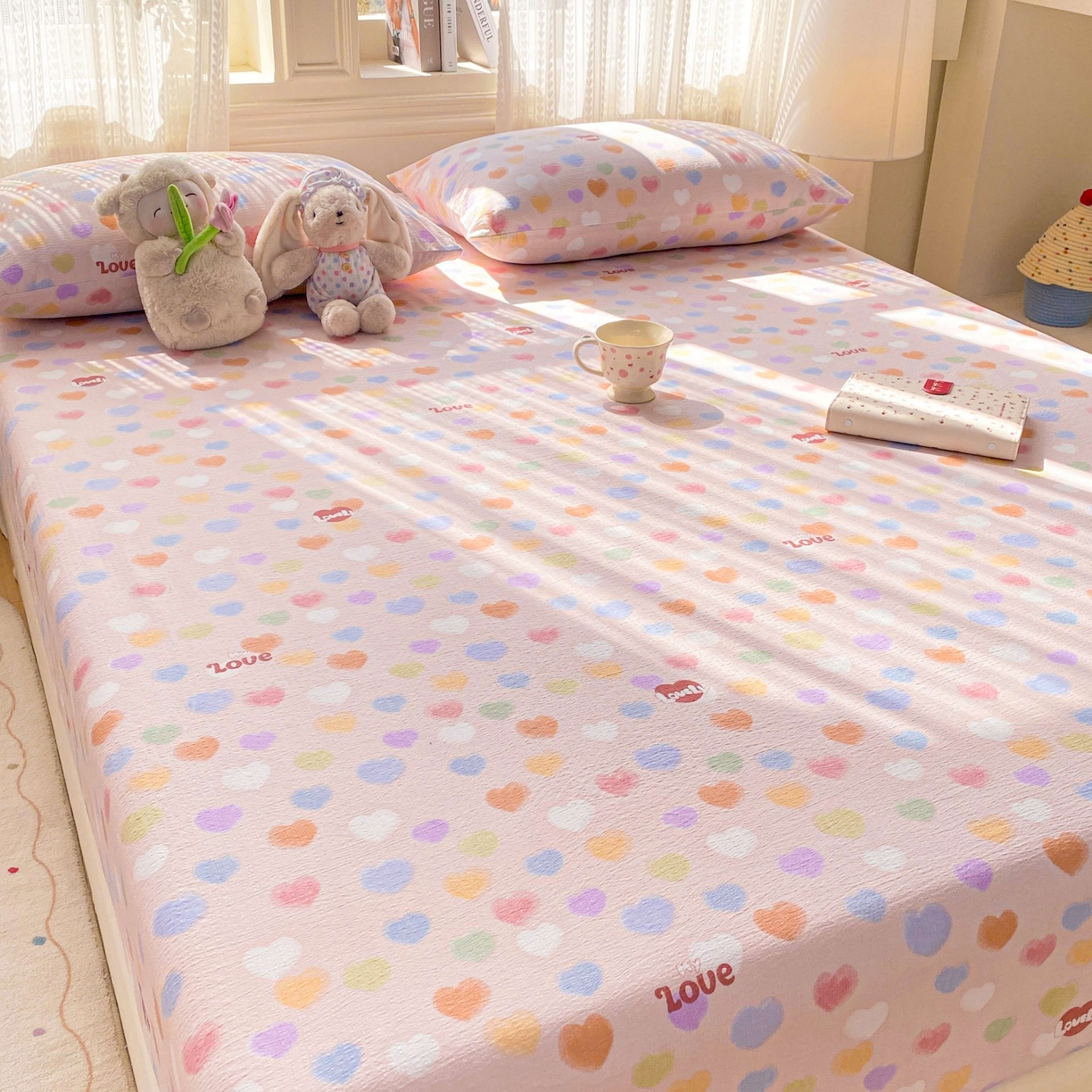 91家纺网 家纺一手货源 找家纺 眠势力 2026新款双层纱床笠单件云感皱皱纱床罩三件套床垫保护套 彩色心情