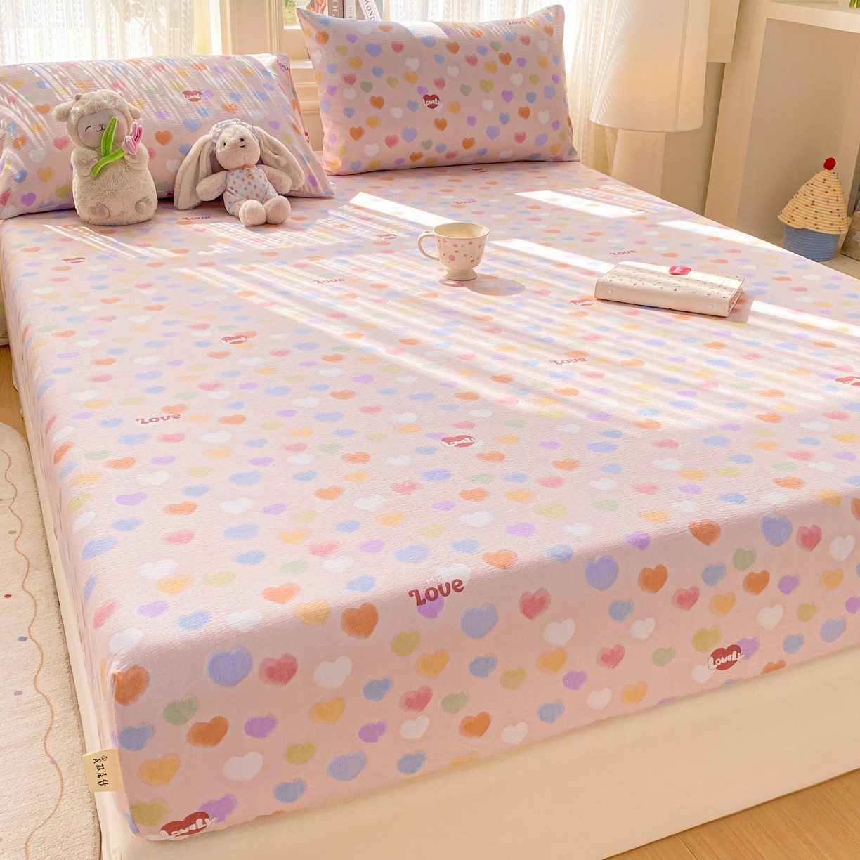 91家纺网 家纺一手货源 找家纺 眠势力 2026新款双层纱床笠单件云感皱皱纱床罩三件套床垫保护套 彩色心情