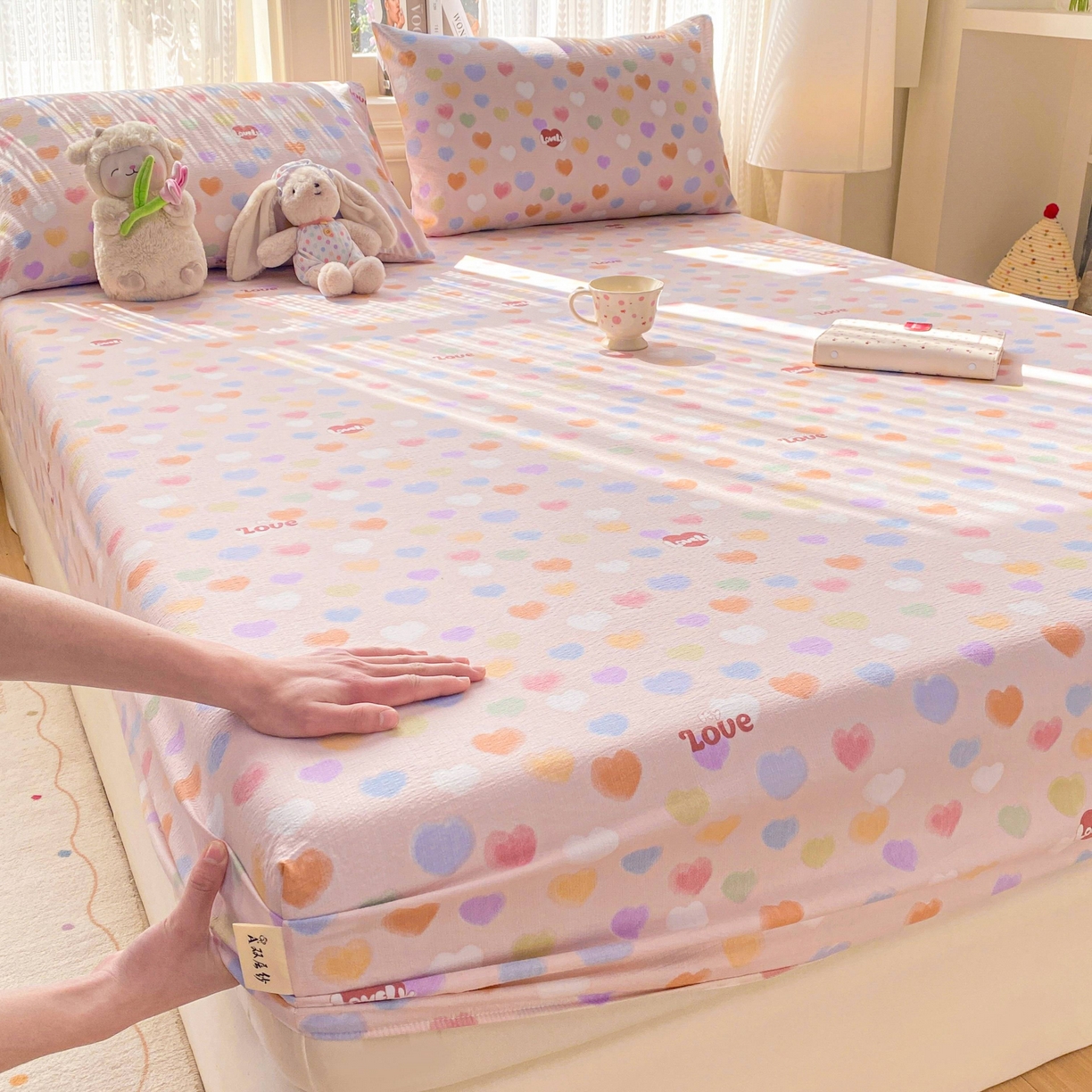 91家纺网 家纺一手货源 找家纺 眠势力 2026新款双层纱床笠单件云感皱皱纱床罩三件套床垫保护套 彩色心情