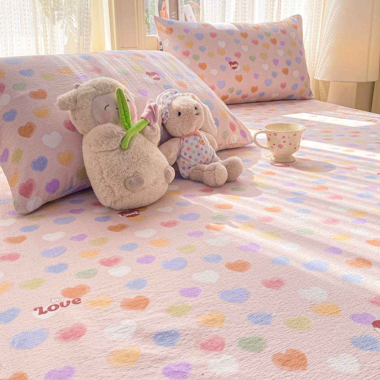 91家纺网 家纺一手货源 找家纺 眠势力 2026新款双层纱床笠单件云感皱皱纱床罩三件套床垫保护套 彩色心情