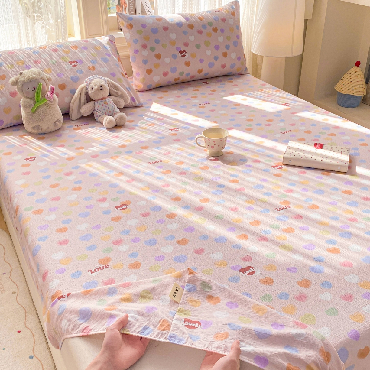 91家纺网 家纺一手货源 找家纺 眠势力 2026新款双层纱床笠单件云感皱皱纱床罩三件套床垫保护套 彩色心情