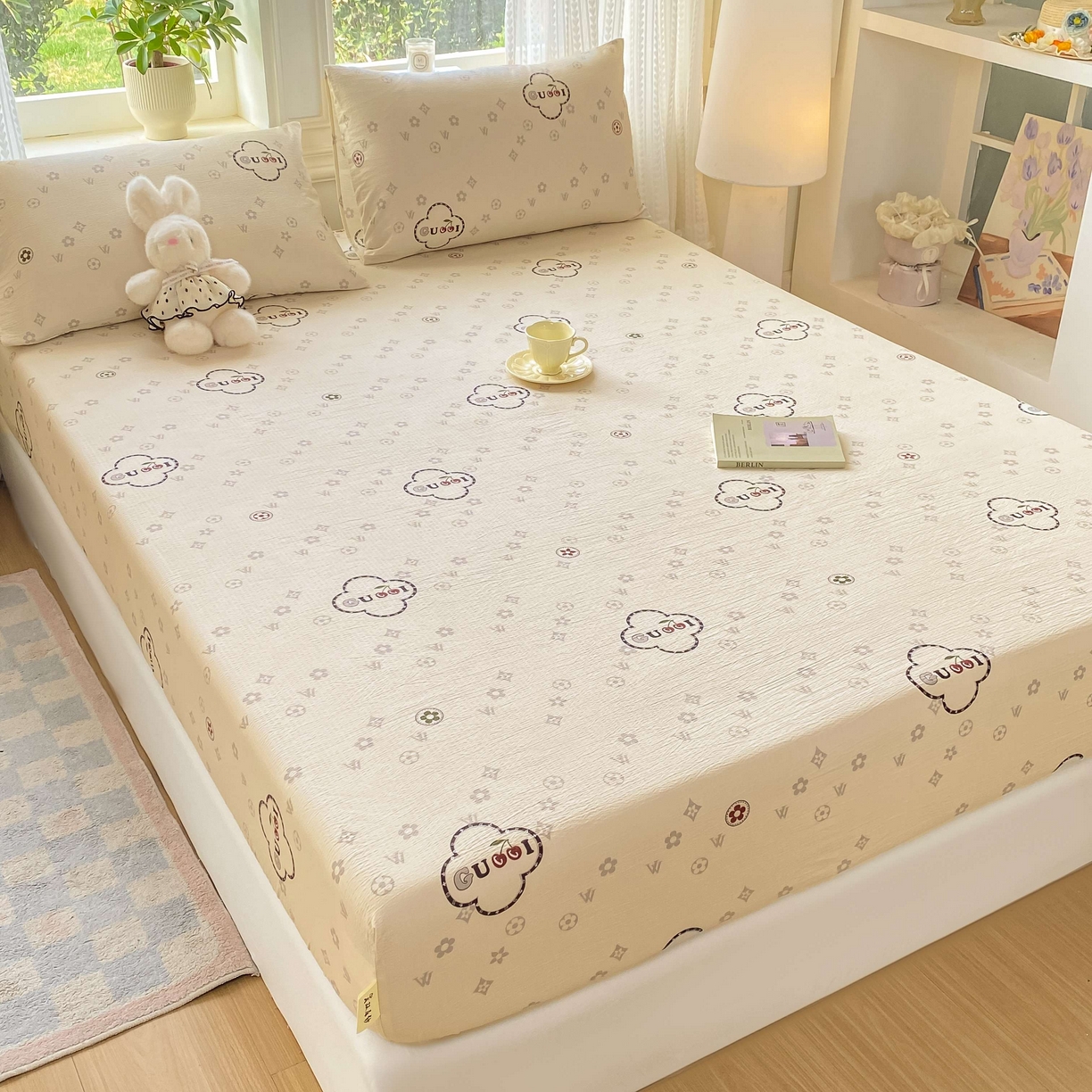 91家纺网 家纺一手货源 找家纺 眠势力 2026新款双层纱床笠单件云感皱皱纱床罩三件套床垫保护套 向云端