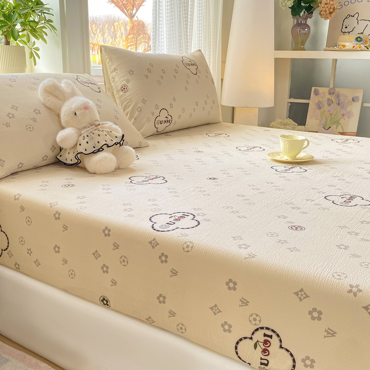 91家纺网 家纺一手货源 找家纺 眠势力 2026新款双层纱床笠单件云感皱皱纱床罩三件套床垫保护套 向云端