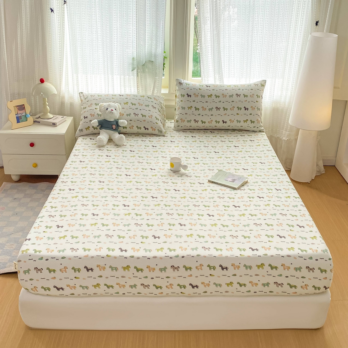 91家纺网 家纺一手货源 找家纺 眠势力 2026新款双层纱床笠单件云感皱皱纱床罩三件套床垫保护套 幸运小马