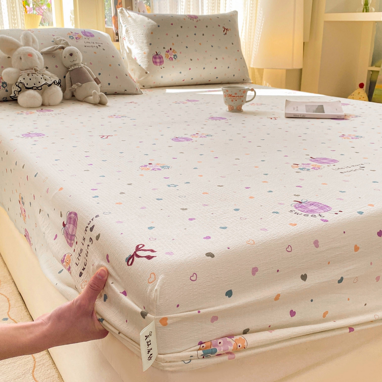 91家纺网 家纺一手货源 找家纺 眠势力 2026新款双层纱床笠单件云感皱皱纱床罩三件套床垫保护套 紫芋南瓜