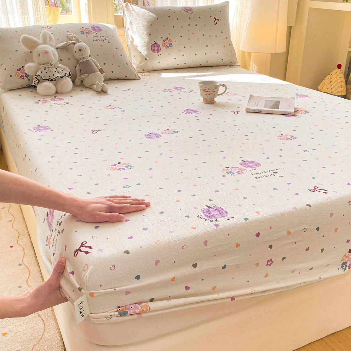 91家纺网 家纺一手货源 找家纺 眠势力 2026新款双层纱床笠单件云感皱皱纱床罩三件套床垫保护套 紫芋南瓜