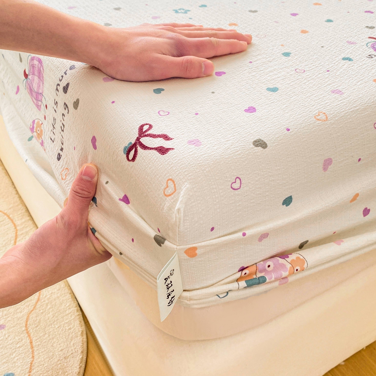 91家纺网 家纺一手货源 找家纺 眠势力 2026新款双层纱床笠单件云感皱皱纱床罩三件套床垫保护套 紫芋南瓜