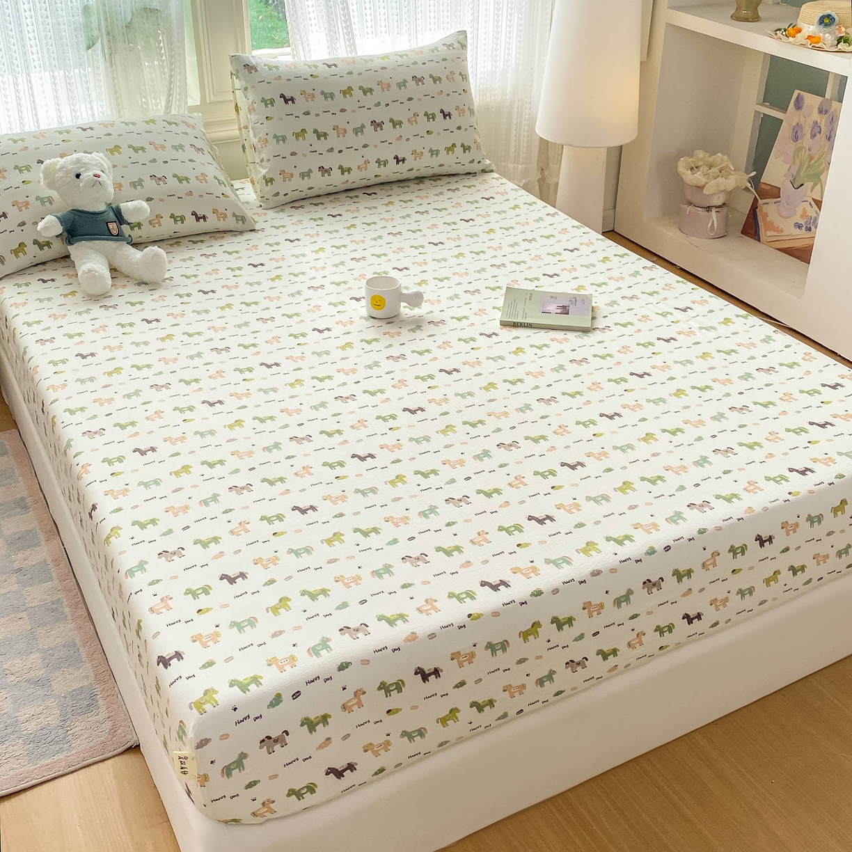 91家纺网 家纺一手货源 找家纺 眠势力 2026新款双层纱床笠单件云感皱皱纱床罩三件套床垫保护套 幸运小马