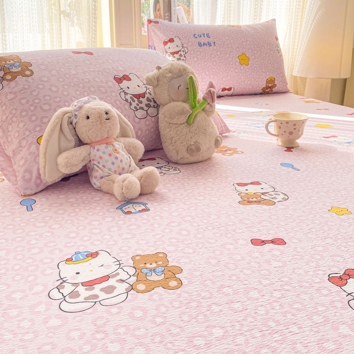 91家纺网 家纺一手货源 找家纺 眠势力 2026新款双层纱床笠单件云感皱皱纱床罩三件套床垫保护套 哈喽猫咪