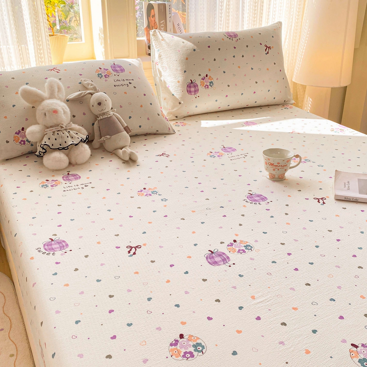 91家纺网 家纺一手货源 找家纺 眠势力 2026新款双层纱床笠单件云感皱皱纱床罩三件套床垫保护套 紫芋南瓜