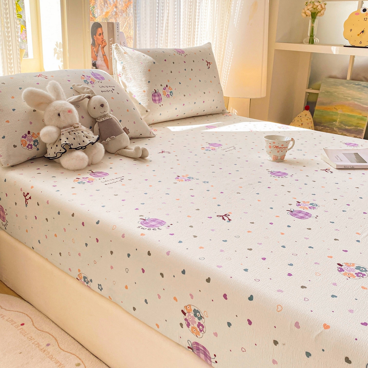 91家纺网 家纺一手货源 找家纺 眠势力 2026新款双层纱床笠单件云感皱皱纱床罩三件套床垫保护套 紫芋南瓜