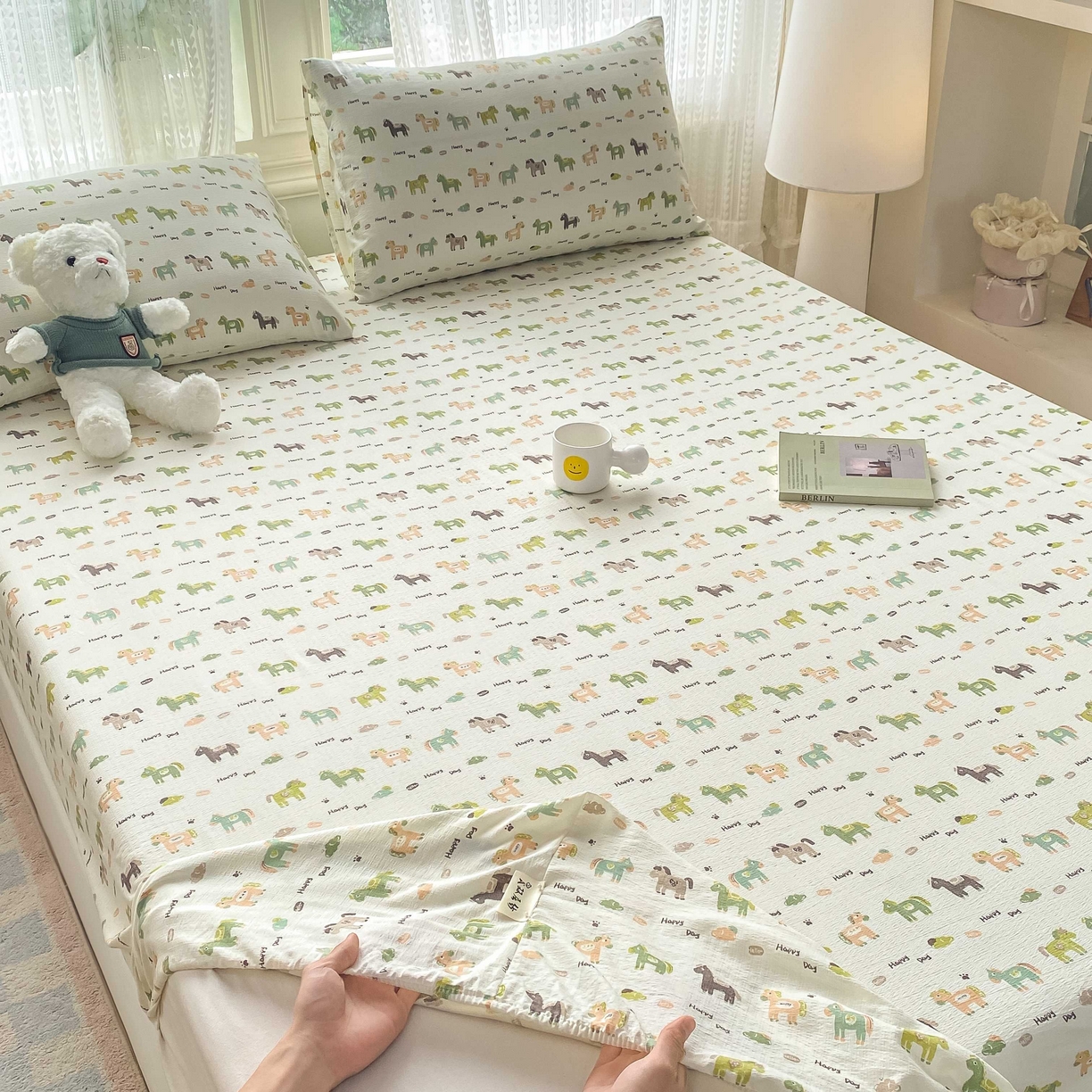 91家纺网 家纺一手货源 找家纺 眠势力 2026新款双层纱床笠单件云感皱皱纱床罩三件套床垫保护套 幸运小马