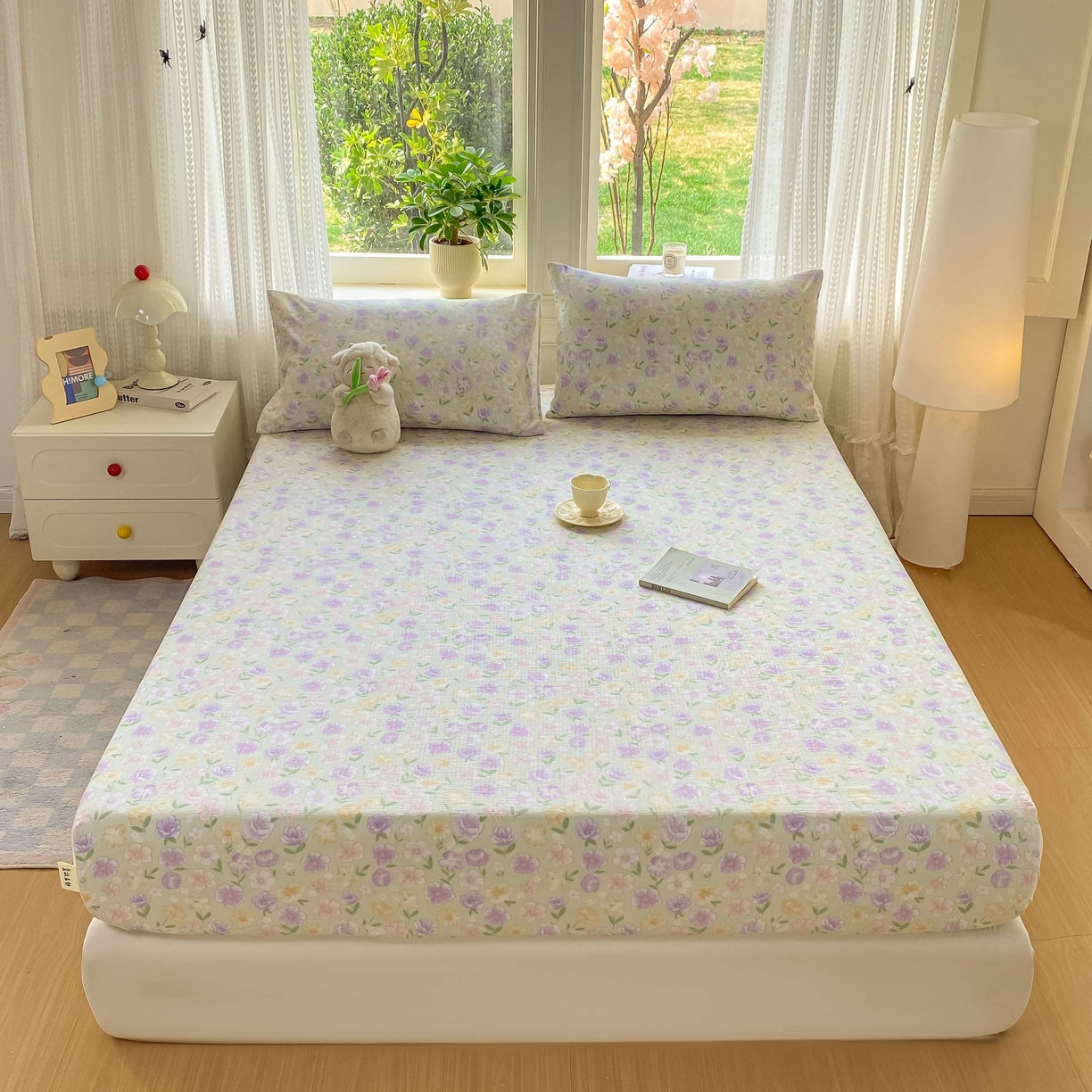 91家纺网 家纺一手货源 找家纺 眠势力 2026新款双层纱床笠单件云感皱皱纱床罩三件套床垫保护套 春野织梦