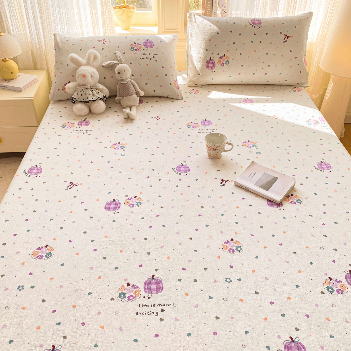 91家纺网 家纺一手货源 找家纺 眠势力 2026新款双层纱床笠单件云感皱皱纱床罩三件套床垫保护套 紫芋南瓜