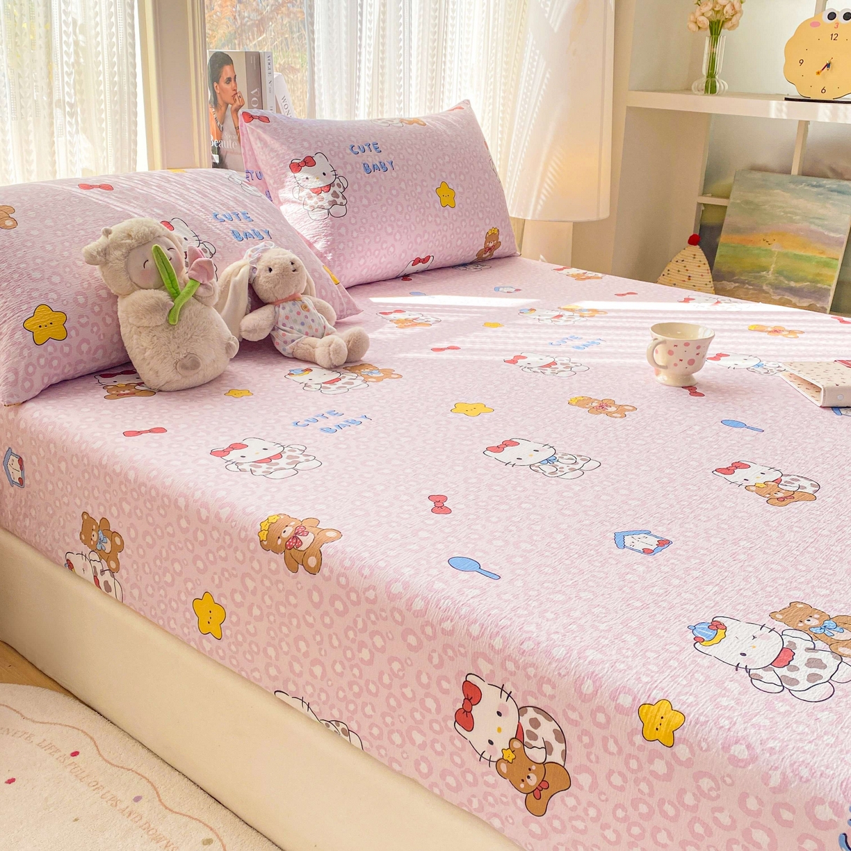 91家纺网 家纺一手货源 找家纺 眠势力 2026新款双层纱床笠单件云感皱皱纱床罩三件套床垫保护套 哈喽猫咪