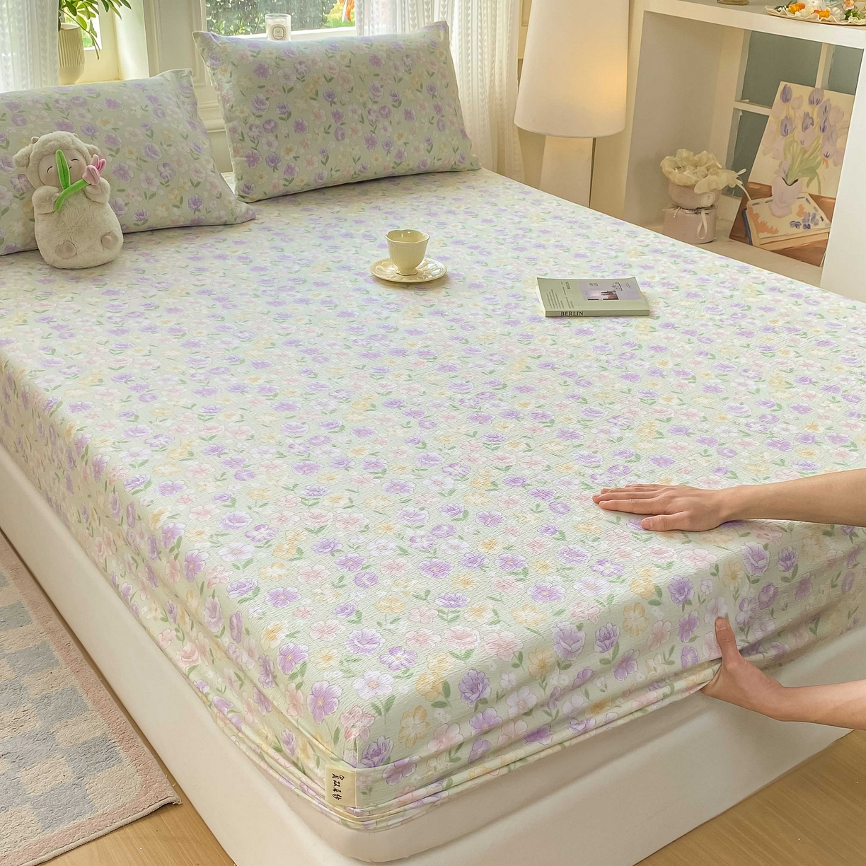 91家纺网 家纺一手货源 找家纺 眠势力 2026新款双层纱床笠单件云感皱皱纱床罩三件套床垫保护套 春野织梦