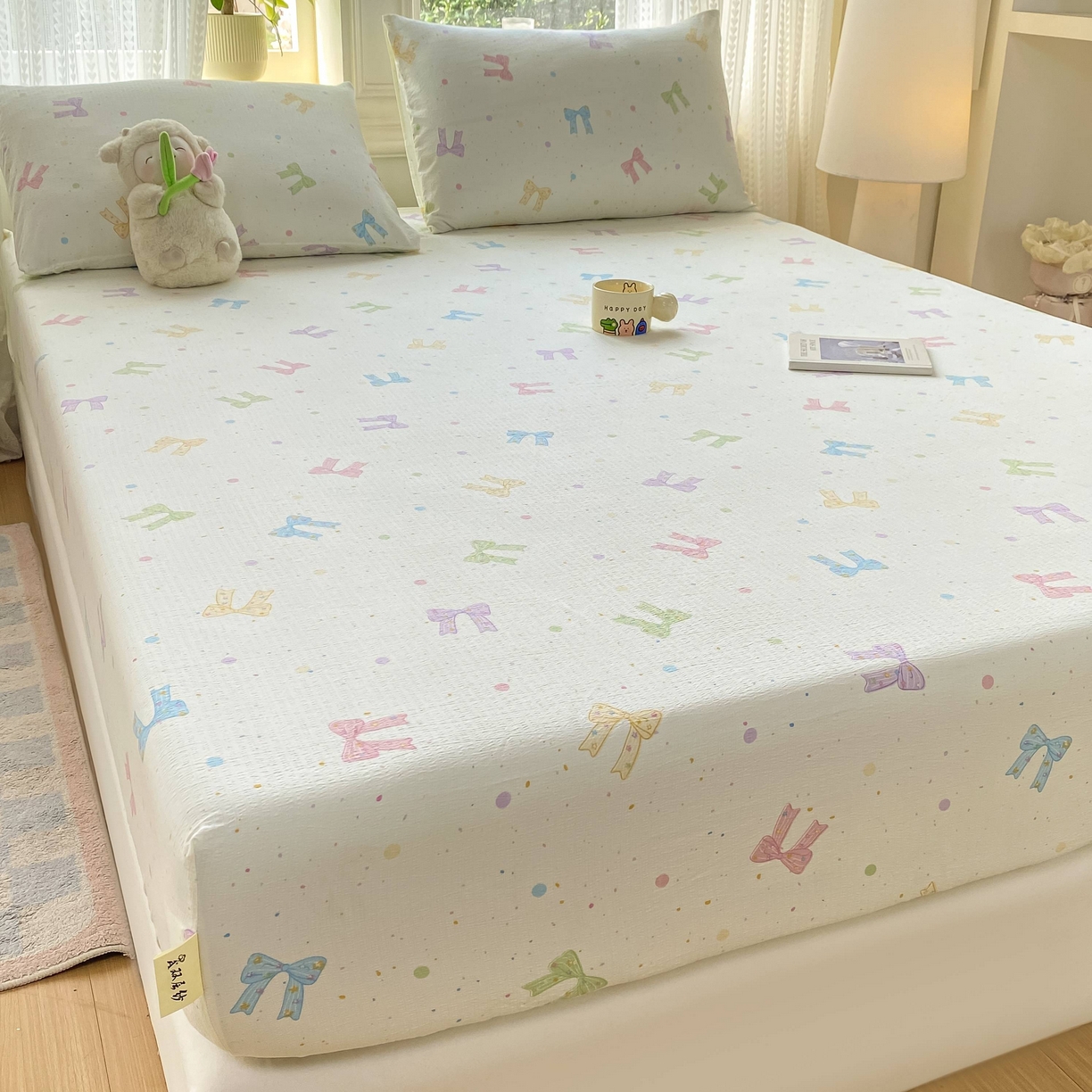 91家纺网 家纺一手货源 找家纺 眠势力 2026新款双层纱床笠单件云感皱皱纱床罩三件套床垫保护套 缤纷彩结