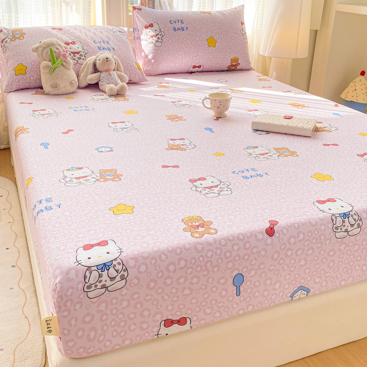 91家纺网 家纺一手货源 找家纺 眠势力 2026新款双层纱床笠单件云感皱皱纱床罩三件套床垫保护套 哈喽猫咪