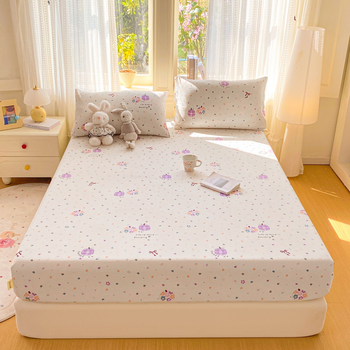 91家纺网 家纺一手货源 找家纺 眠势力 2026新款双层纱床笠单件云感皱皱纱床罩三件套床垫保护套 紫芋南瓜