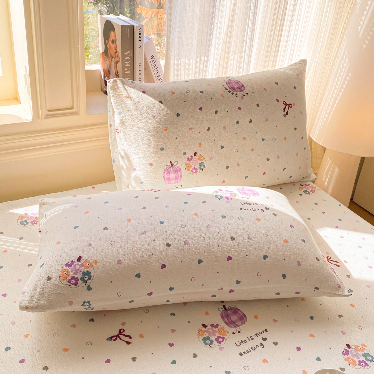 91家纺网 家纺一手货源 找家纺 眠势力 2026新款双层纱床笠单件云感皱皱纱床罩三件套床垫保护套 紫芋南瓜