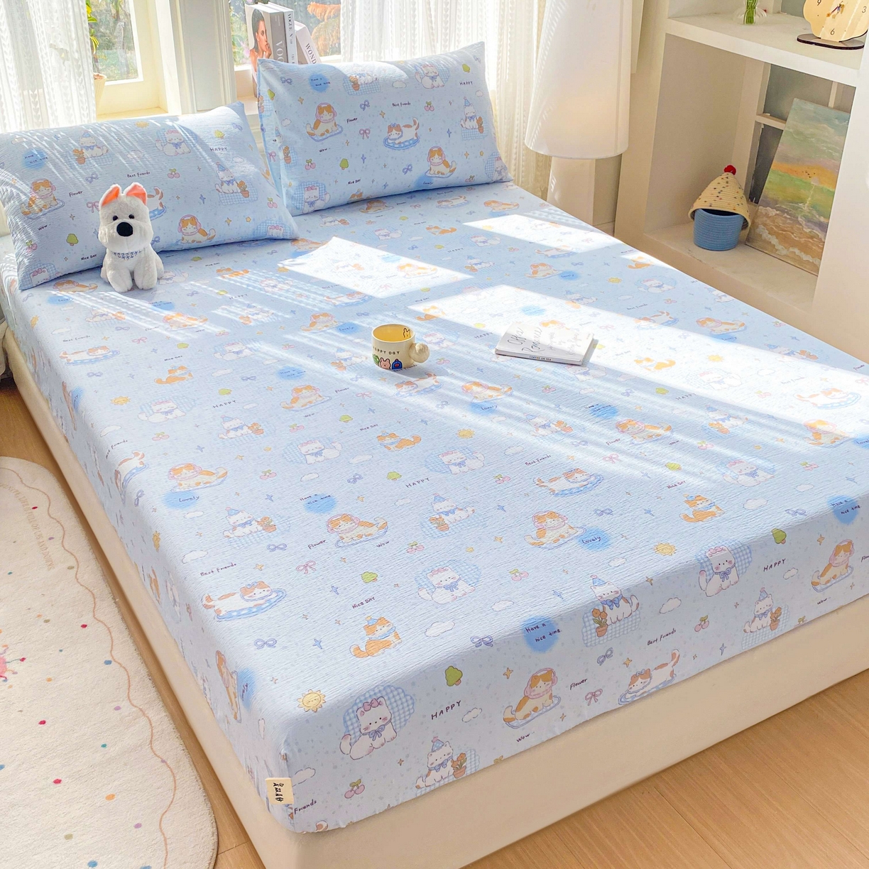 91家纺网 家纺一手货源 找家纺 眠势力 2026新款双层纱床笠单件云感皱皱纱床罩三件套床垫保护套 海盐奶猫