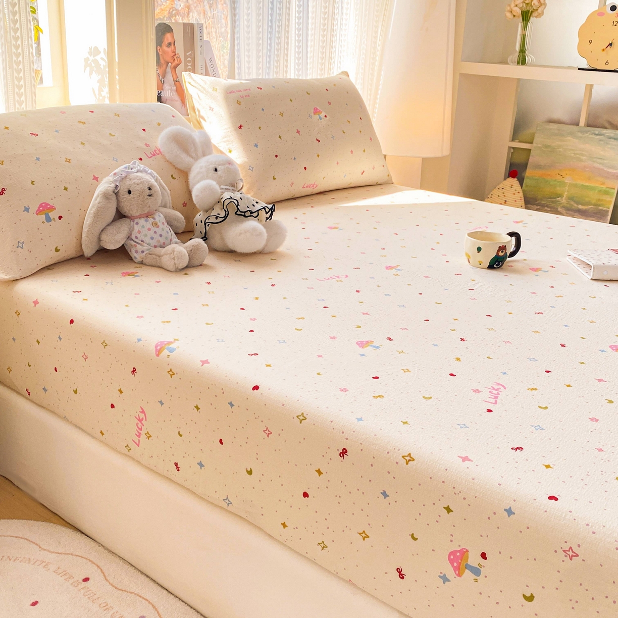 91家纺网 家纺一手货源 找家纺 眠势力 2026新款双层纱床笠单件云感皱皱纱床罩三件套床垫保护套 星梦甜心